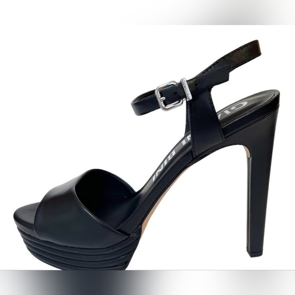 Gianni Bini Ophyliah Black Leather Ankle Strap Stiletto Platform Dress Sandals.